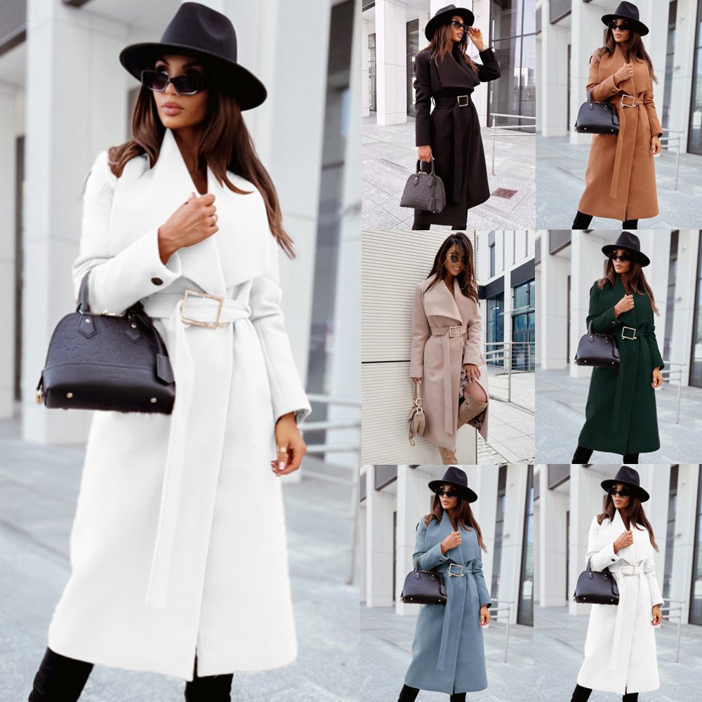 Autumn And Winter Simplicity Long Sleeve Button V-neck Lace Up Woolen Coat Women's Clothing - pokemafa3036436185f6191e1f46757f50a2a2