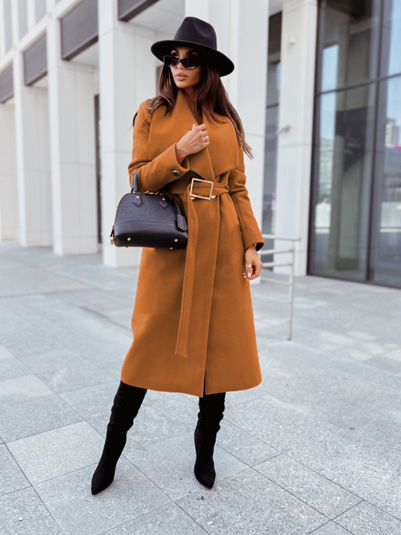 Autumn And Winter Simplicity Long Sleeve Button V-neck Lace Up Woolen Coat Women's Clothing - pokema3478c9eab9e99d758dab17c5d8ad605a