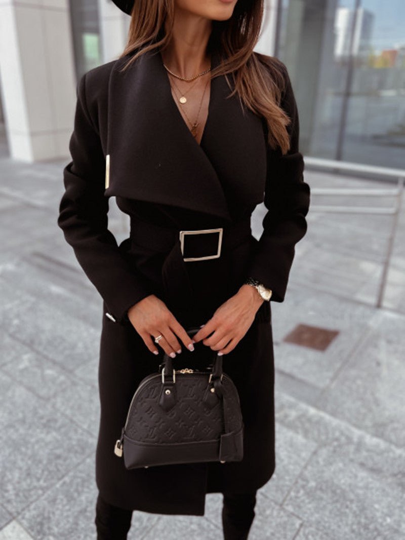 Autumn And Winter Simplicity Long Sleeve Button V-neck Lace Up Woolen Coat Women's Clothing - pokema53ae07f641205c53d9f3dfb09e1b6863