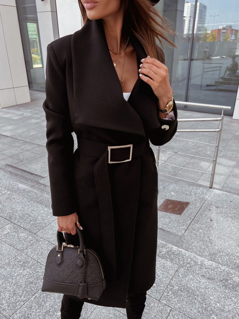 Autumn And Winter Simplicity Long Sleeve Button V-neck Lace Up Woolen Coat Women's Clothing - pokema38c6bbfd402cbfdd05737263632613ec