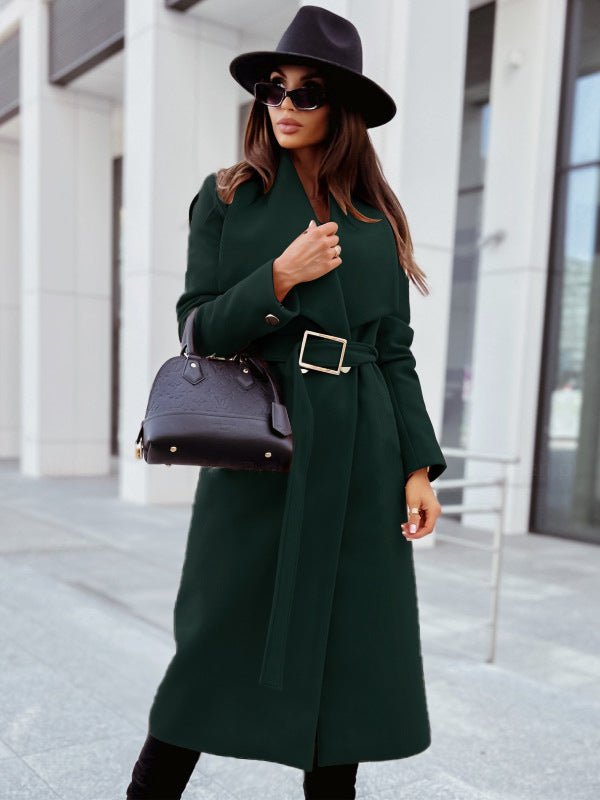 Autumn And Winter Simplicity Long Sleeve Button V-neck Lace Up Woolen Coat Women's Clothing - pokema80c3d5dca325ad1144dbbfcb152b2ab3