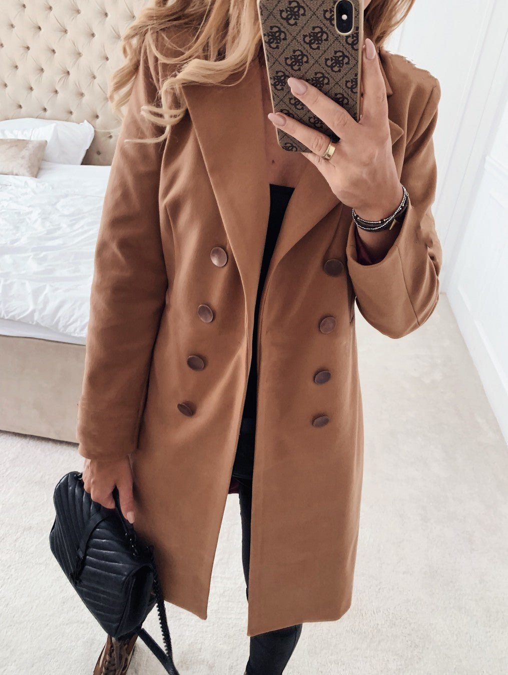 Autumn And Winter Solid Color Long-sleeved Double-breasted Mid-length Woolen Top Coat - pokema375c518d709437a3ea65a446578f4130