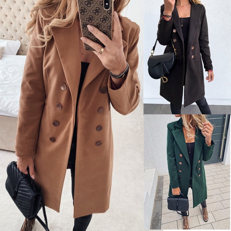 Autumn And Winter Solid Color Long-sleeved Double-breasted Mid-length Woolen Top Coat - pokema41ff6627b11e82fb28ac9a3d5f40b2c9