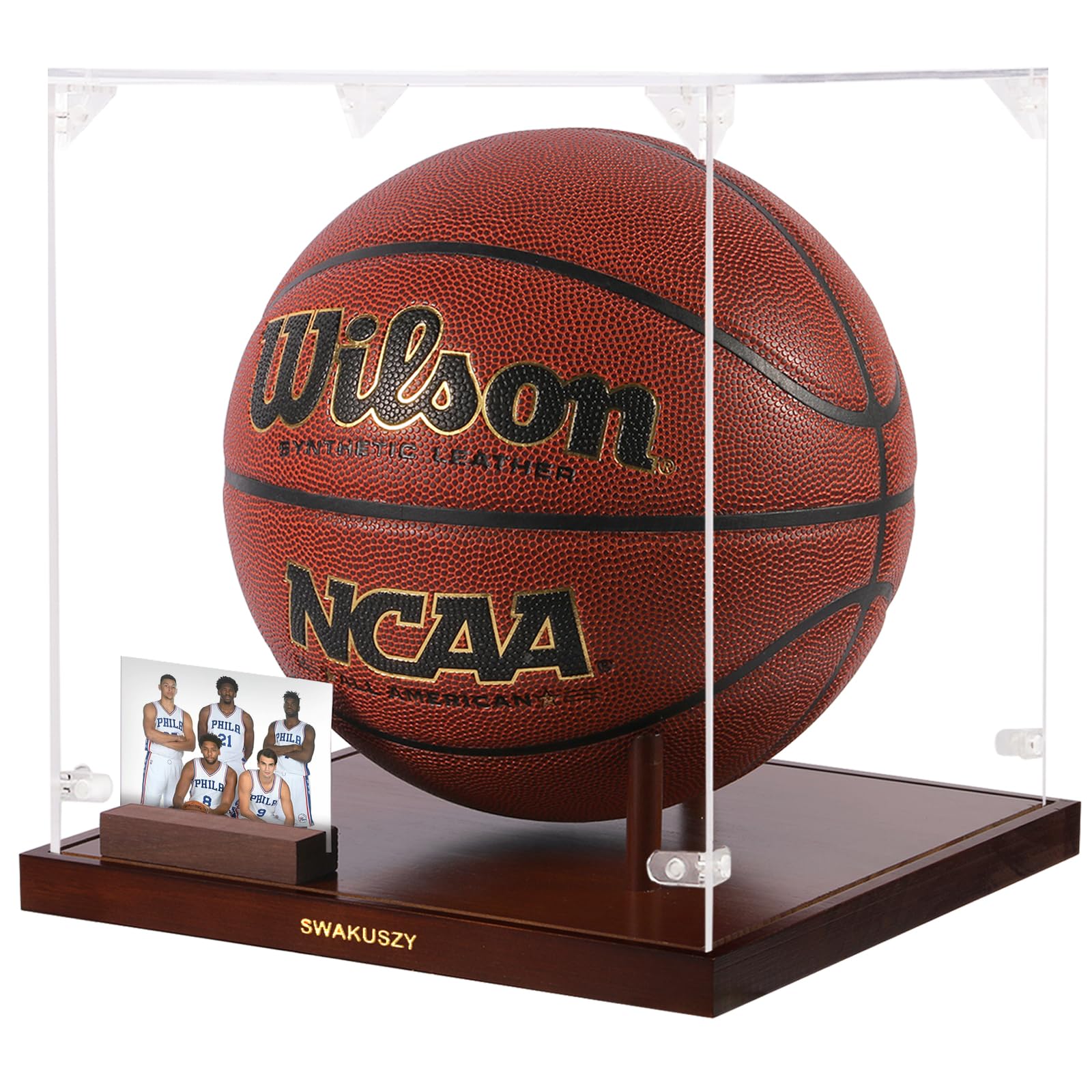 Basketball Display Case 10.2" Clear Acrylic with Solid Wood Base Basketball Case Display with Photo Stand & Corner Guards Basketball Case Display Clear for Full-Size Basketball Memorabilia - pokemaBasketball Display Case 10.2" Clear Acrylic with Solid Wood Base Basketball Case Display with Photo Stand & Corner Guards Basketball Case Display Clear for Full-Size Basketball Memorabilia