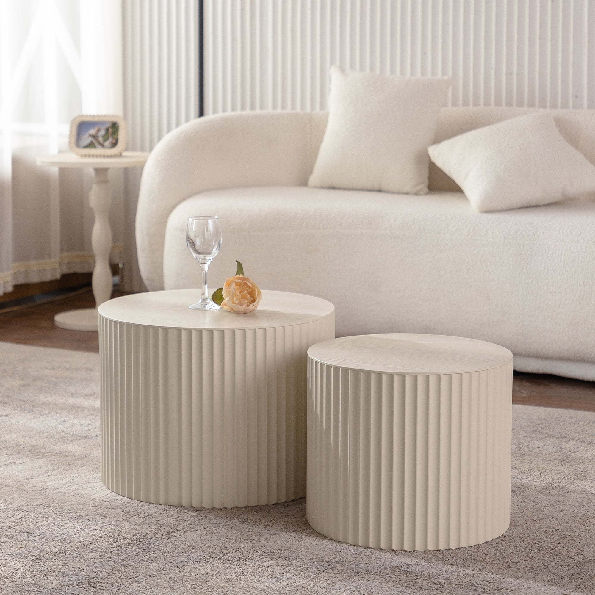 Beige Nesting Coffee Table Set Of 2 Modern Drum Side Table End Table Wave Stripe Round Coffee Table For Living Room - pokemaba3330a3d576d2add5c4c79d52f2f9c2