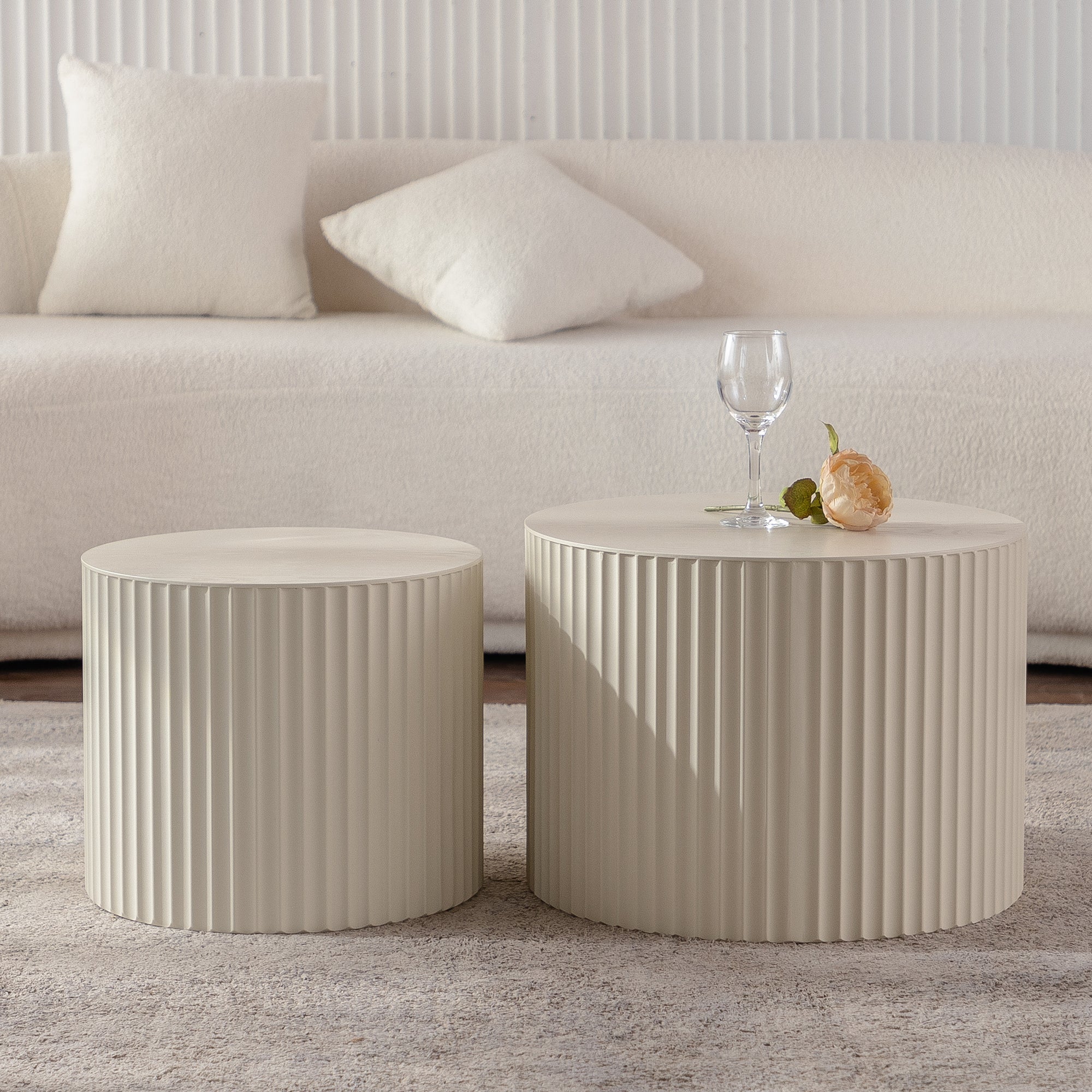 Beige Nesting Coffee Table Set Of 2 Modern Drum Side Table End Table Wave Stripe Round Coffee Table For Living Room - pokema9b0167a0c964b8e32f8352cbd005e12e