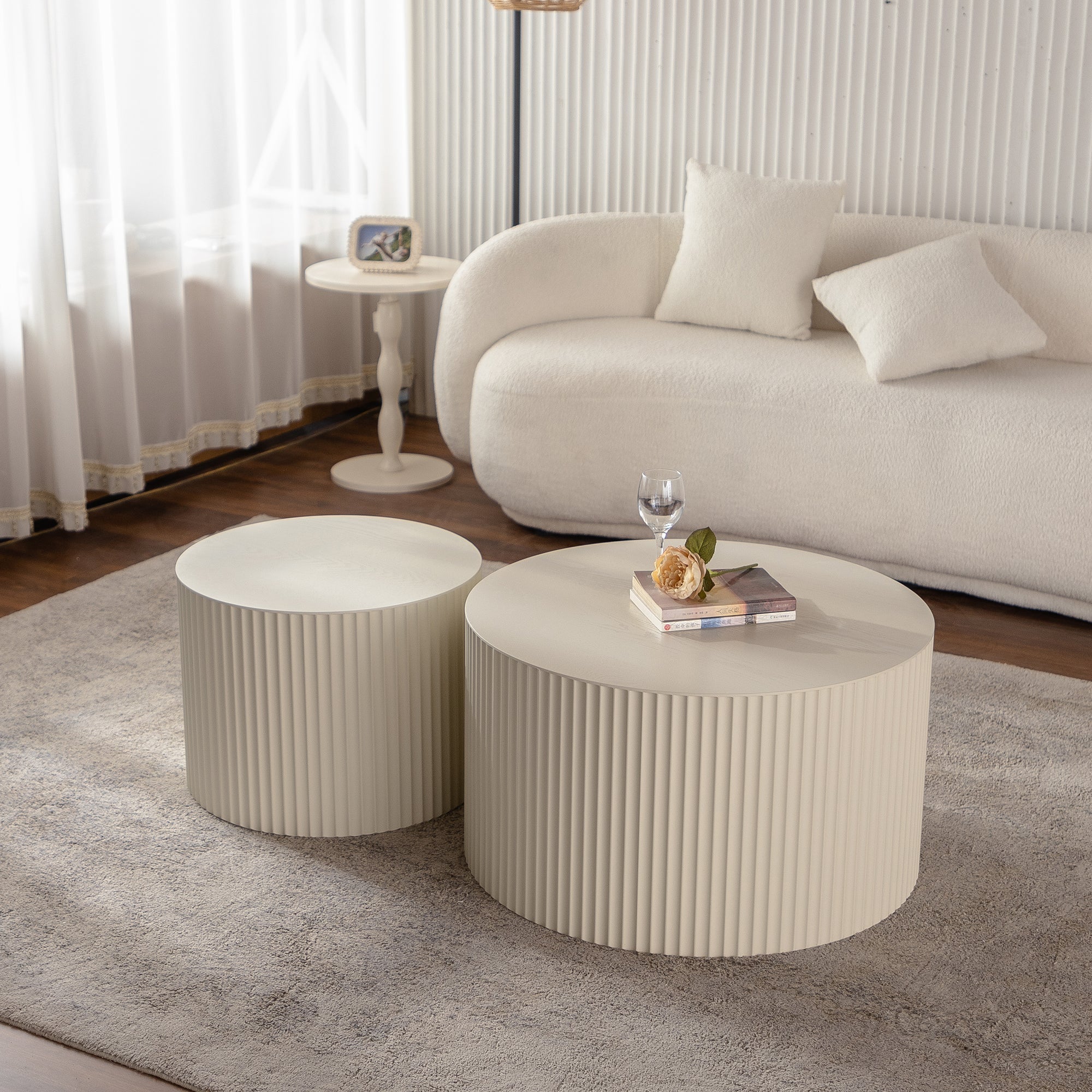 Beige Nesting Coffee Table Set Of 2 Modern Drum Side Table End Table Wave Stripe Round Coffee Table For Living Room - pokema4620ee47c2c7b85d1326de2d60e09b5