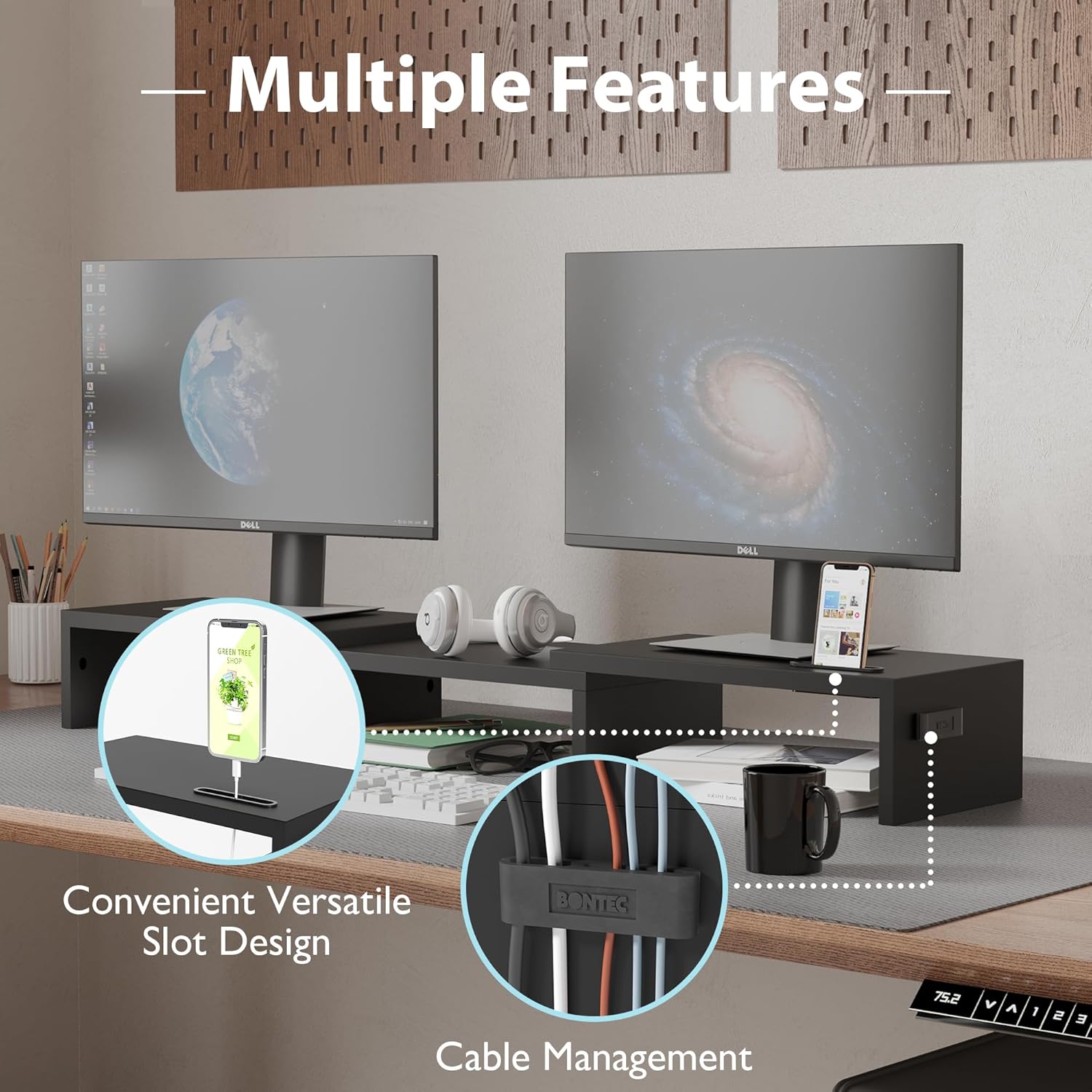 BONTEC Dual Monitor Stand for Desk, Adjustable Length and Angle Monitor Stand Riser with Smartphone Holder, Desk Shelf for Top of Desk, Computer Monitor Stand with Storage, Office Desk Organizer, Black - pokemaBONTEC Dual Monitor Stand for Desk, Adjustable Length and Angle Monitor Stand Riser with Smartphone Holder, Desk Shelf for Top of Desk, Computer Monitor Stand with Storage, Office Desk Organizer, Black