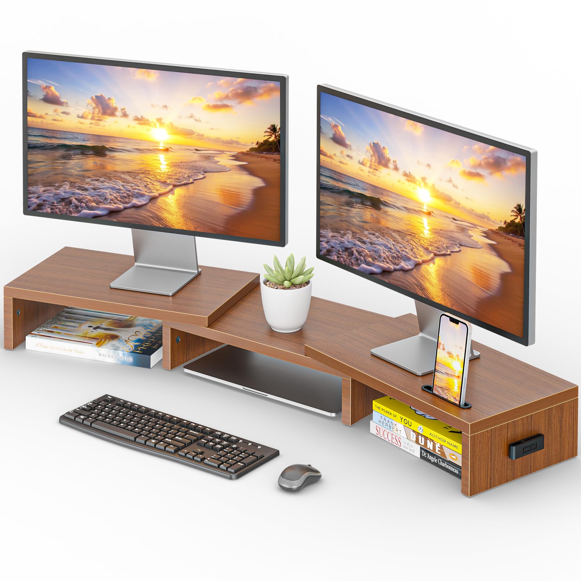 BONTEC Dual Monitor Stand for Desk, Adjustable Length and Angle Monitor Stand Riser with Smartphone Holder, Desk Shelf for Top of Desk, Computer Monitor Stand with Storage, Office Desk Organizer, Black - pokemaBONTEC Dual Monitor Stand for Desk, Adjustable Length and Angle Monitor Stand Riser with Smartphone Holder, Desk Shelf for Top of Desk, Computer Monitor Stand with Storage, Office Desk Organizer, Black