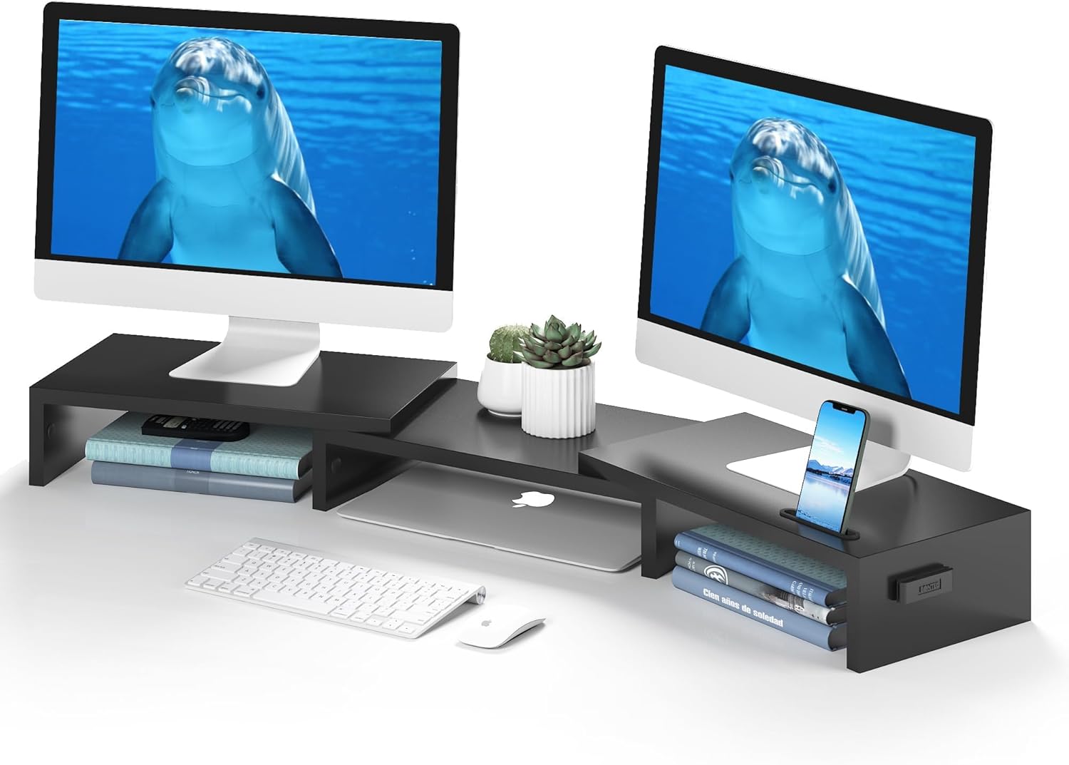 BONTEC Dual Monitor Stand for Desk, Adjustable Length and Angle Monitor Stand Riser with Smartphone Holder, Desk Shelf for Top of Desk, Computer Monitor Stand with Storage, Office Desk Organizer, Black - pokemaBONTEC Dual Monitor Stand for Desk, Adjustable Length and Angle Monitor Stand Riser with Smartphone Holder, Desk Shelf for Top of Desk, Computer Monitor Stand with Storage, Office Desk Organizer, Black