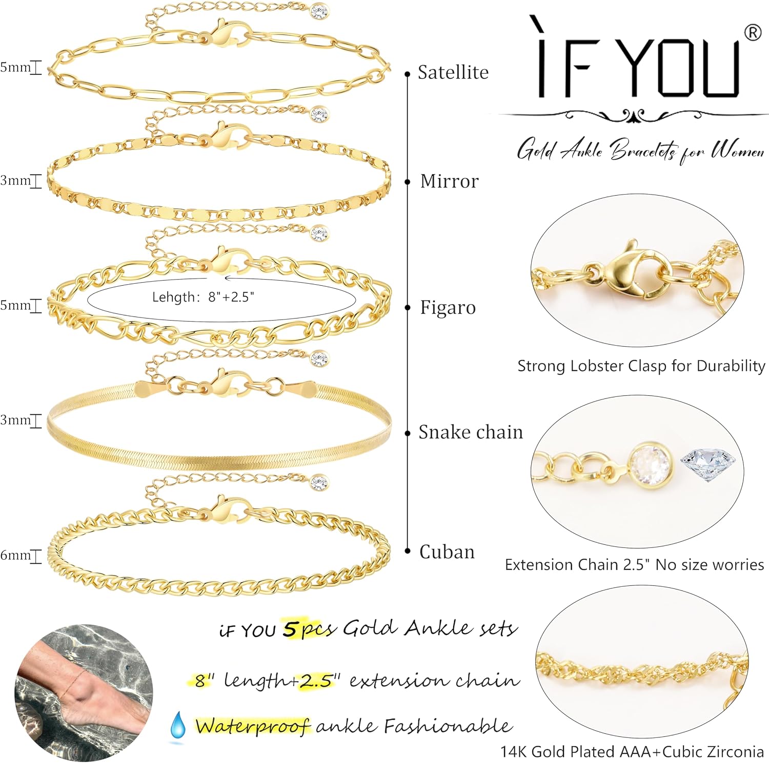 Bracelets de cheville en or pour femmes, 14 ct plaqué or étanche Chaînes de cheville à maillons cubains, ensembles de bracelets de cheville superposés pour femmes Cadeau de plage Taille réglable 5 - pokemaBracelets de cheville en or pour femmes, 14 ct plaqué or étanche Chaînes de cheville à maillons cubains, ensembles de bracelets de cheville superposés pour femmes Cadeau de plage Taille réglable 5