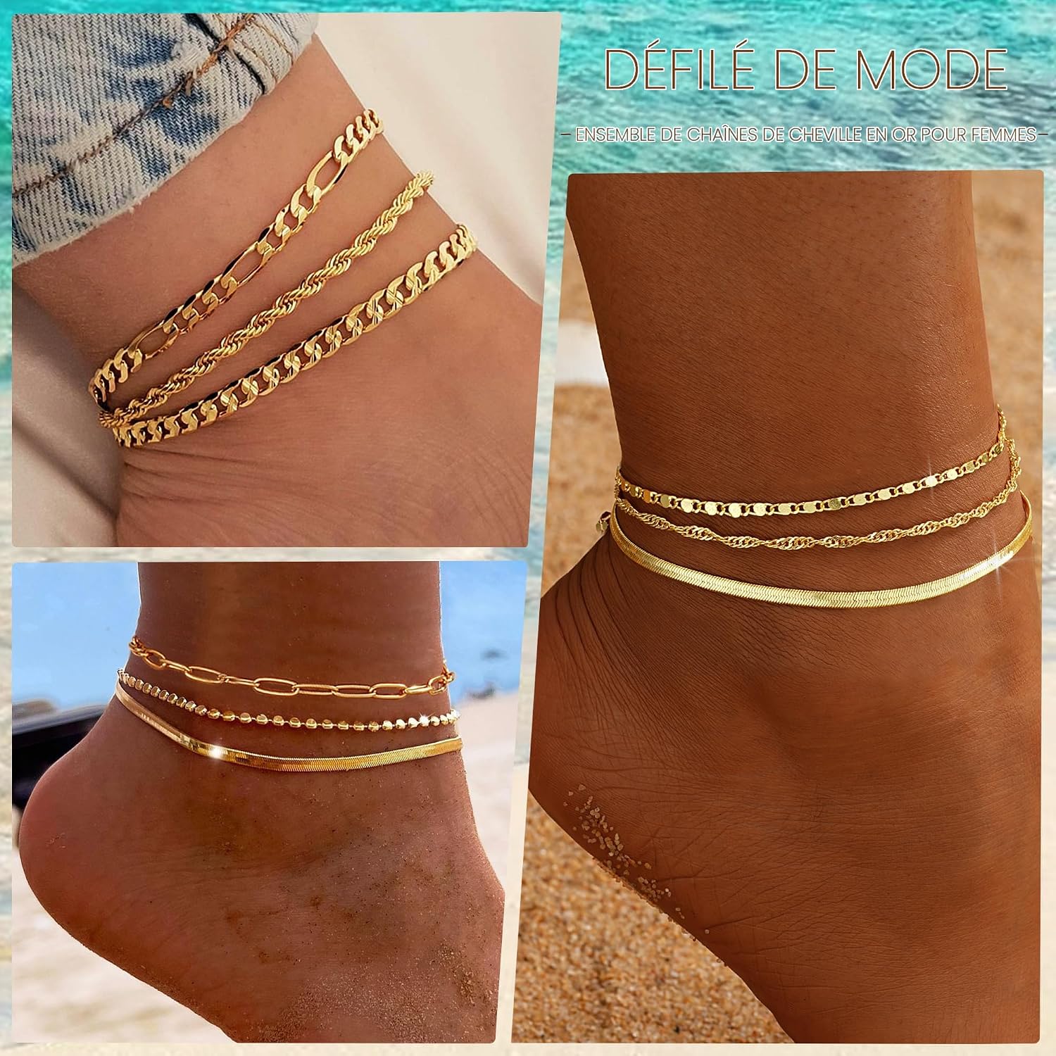 Bracelets de cheville en or pour femmes, 14 ct plaqué or étanche Chaînes de cheville à maillons cubains, ensembles de bracelets de cheville superposés pour femmes Cadeau de plage Taille réglable 5 - pokemaBracelets de cheville en or pour femmes, 14 ct plaqué or étanche Chaînes de cheville à maillons cubains, ensembles de bracelets de cheville superposés pour femmes Cadeau de plage Taille réglable 5