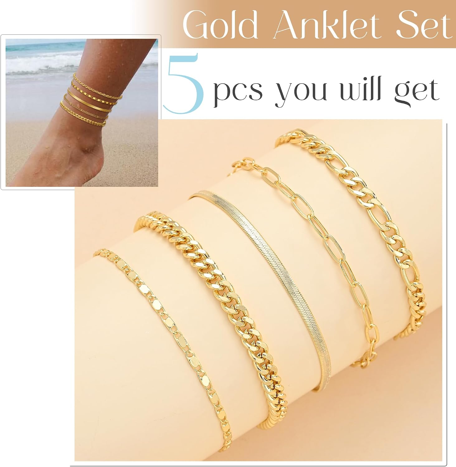 Bracelets de cheville en or pour femmes, 14 ct plaqué or étanche Chaînes de cheville à maillons cubains, ensembles de bracelets de cheville superposés pour femmes Cadeau de plage Taille réglable 5 - pokemaBracelets de cheville en or pour femmes, 14 ct plaqué or étanche Chaînes de cheville à maillons cubains, ensembles de bracelets de cheville superposés pour femmes Cadeau de plage Taille réglable 5