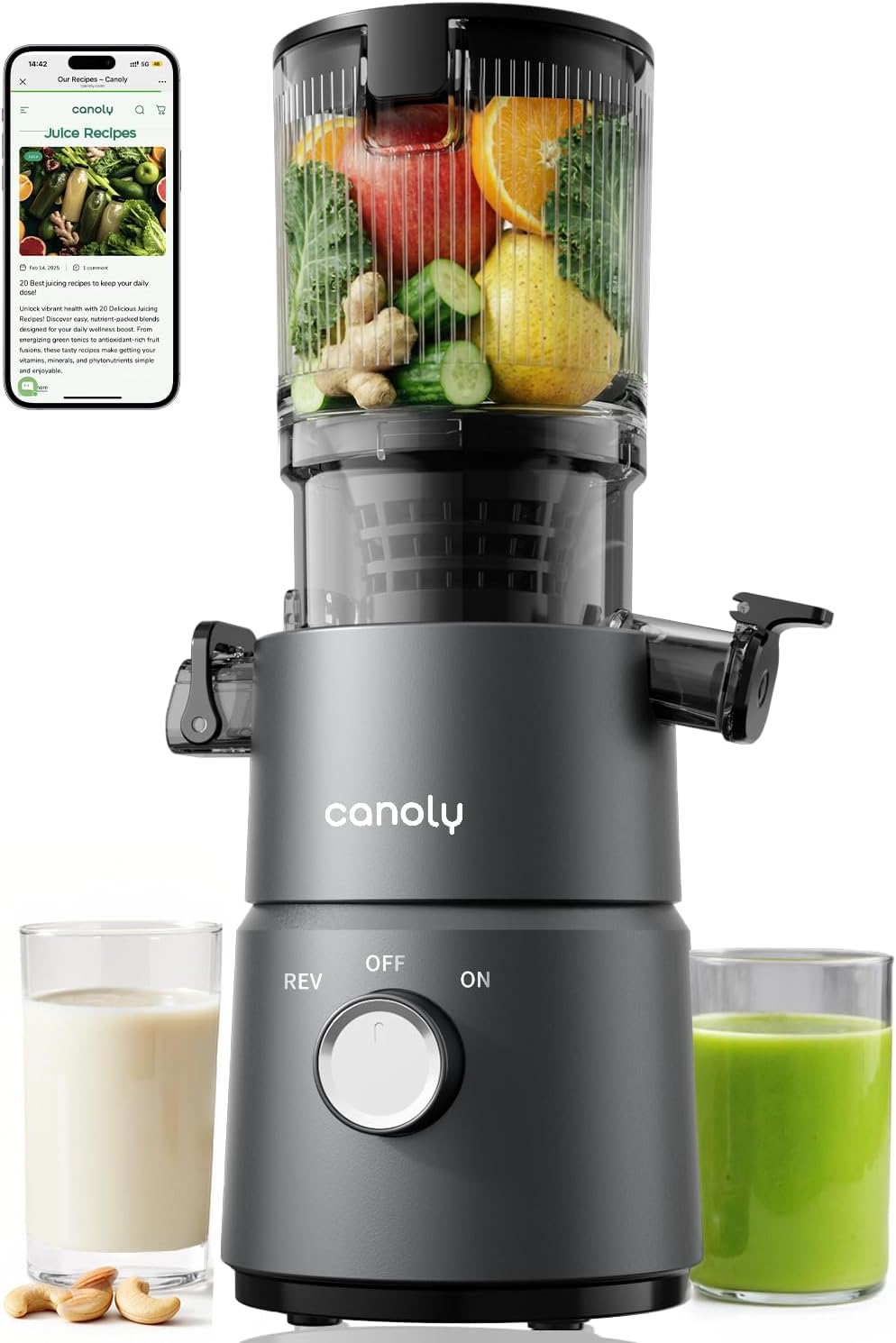 Canoly C03 Cold Press Juicer, 4.5" Wide Feed Chute Juicer Machine with 200W AC Motor, Fit Whole Vegetables & Fruits, 2-in-1 Strainer (Juice & Nut Milk Maker), Space-saving, Easy to Clean, Deep Gray - pokemaCanoly C03 Cold Press Juicer, 4.5" Wide Feed Chute Juicer Machine with 200W AC Motor, Fit Whole Vegetables & Fruits, 2-in-1 Strainer (Juice & Nut Milk Maker), Space-saving, Easy to Clean, Deep Gray