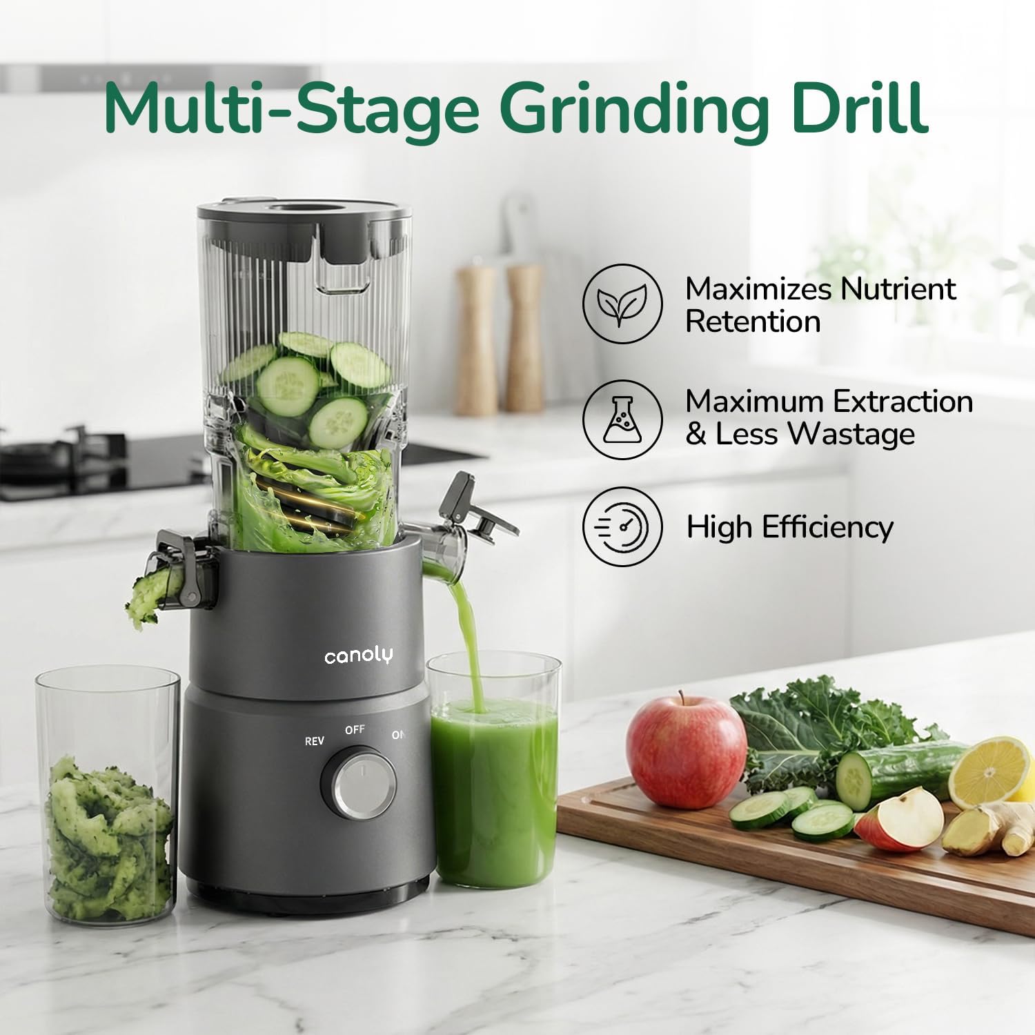 Canoly C03 Cold Press Juicer, 4.5" Wide Feed Chute Juicer Machine with 200W AC Motor, Fit Whole Vegetables & Fruits, 2-in-1 Strainer (Juice & Nut Milk Maker), Space-saving, Easy to Clean, Deep Gray - pokemaCanoly C03 Cold Press Juicer, 4.5" Wide Feed Chute Juicer Machine with 200W AC Motor, Fit Whole Vegetables & Fruits, 2-in-1 Strainer (Juice & Nut Milk Maker), Space-saving, Easy to Clean, Deep Gray