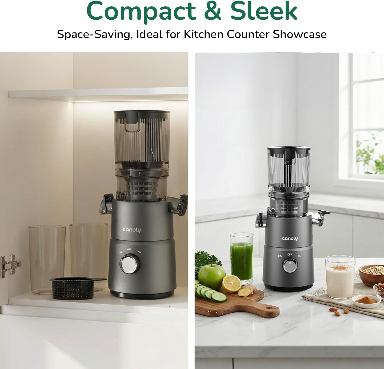 Canoly C03 Cold Press Juicer, 4.5" Wide Feed Chute Juicer Machine with 200W AC Motor, Fit Whole Vegetables & Fruits, 2-in-1 Strainer (Juice & Nut Milk Maker), Space-saving, Easy to Clean, Deep Gray - pokemaCanoly C03 Cold Press Juicer, 4.5" Wide Feed Chute Juicer Machine with 200W AC Motor, Fit Whole Vegetables & Fruits, 2-in-1 Strainer (Juice & Nut Milk Maker), Space-saving, Easy to Clean, Deep Gray