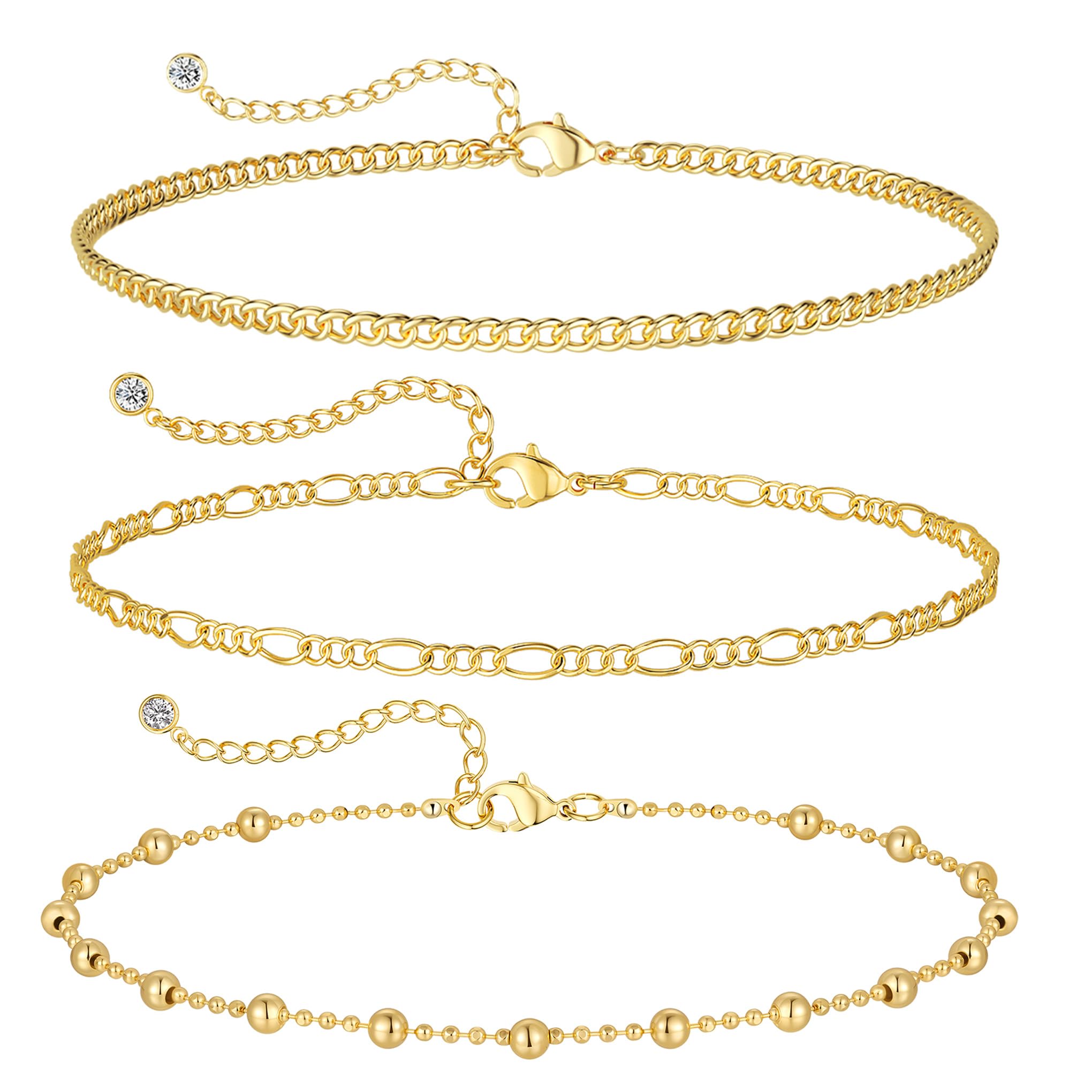 CAROVO Bracelets de cheville en or pour femmes 14 carats Or/argent plaqué réel Superposables Ensemble de bracelets de cheville en maille cubaine brillante à maillons figaro en forme de serpent Fermoir - pokemaCAROVO Bracelets de cheville en or pour femmes 14 carats Or/argent plaqué réel Superposables Ensemble de bracelets de cheville en maille cubaine brillante à maillons figaro en forme de serpent Fermoir