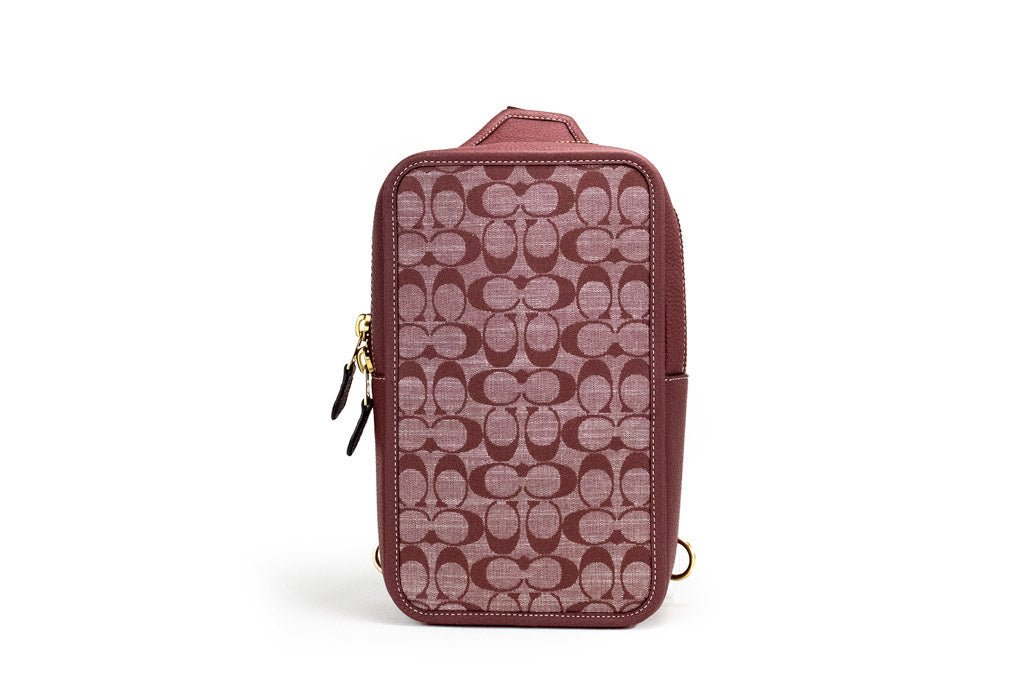 Coach Sullivan Wine Chambray Canvas Pebbled Leather Pack Bag - pokemaCoach Sullivan Wine Chambray Canvas Pebbled Leather Pack Bag