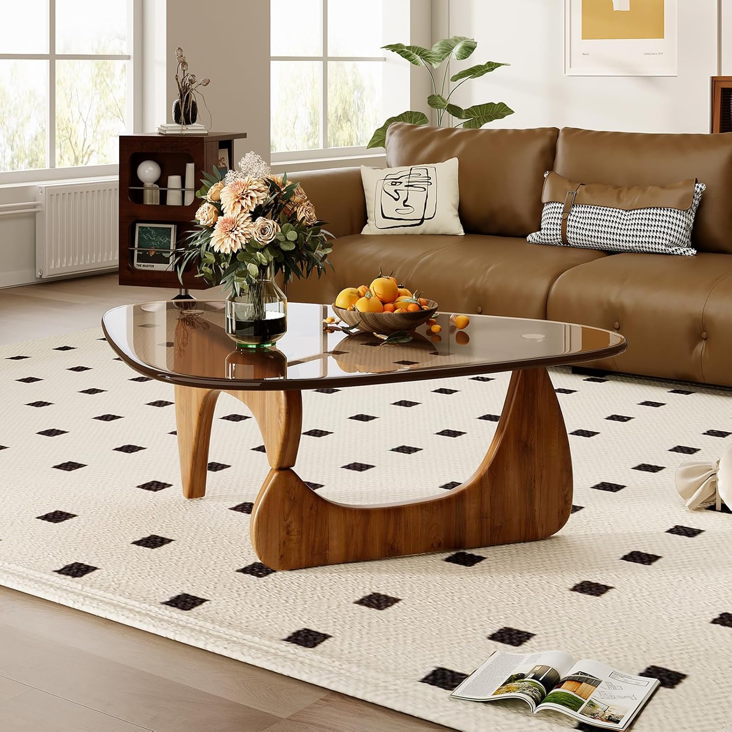 Coffee Table for Living Room Mid Century Modern Center Table with Glass Top and Wood, 32 Inch, Brown/Walnut - pokemaCoffee Table for Living Room Mid Century Modern Center Table with Glass Top and Wood, 32 Inch, Brown/Walnut