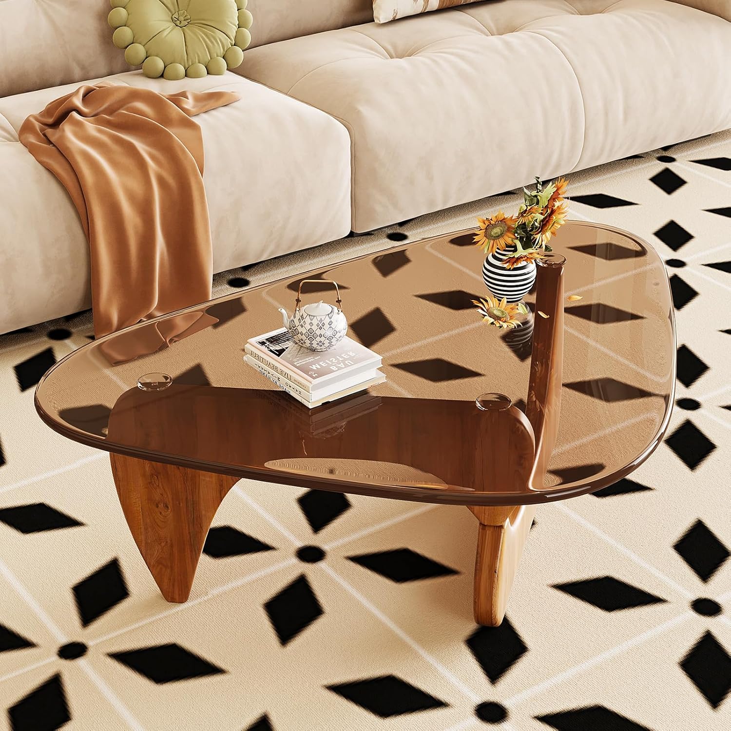 Coffee Table for Living Room Mid Century Modern Center Table with Glass Top and Wood, 32 Inch, Brown/Walnut - pokemaCoffee Table for Living Room Mid Century Modern Center Table with Glass Top and Wood, 32 Inch, Brown/Walnut
