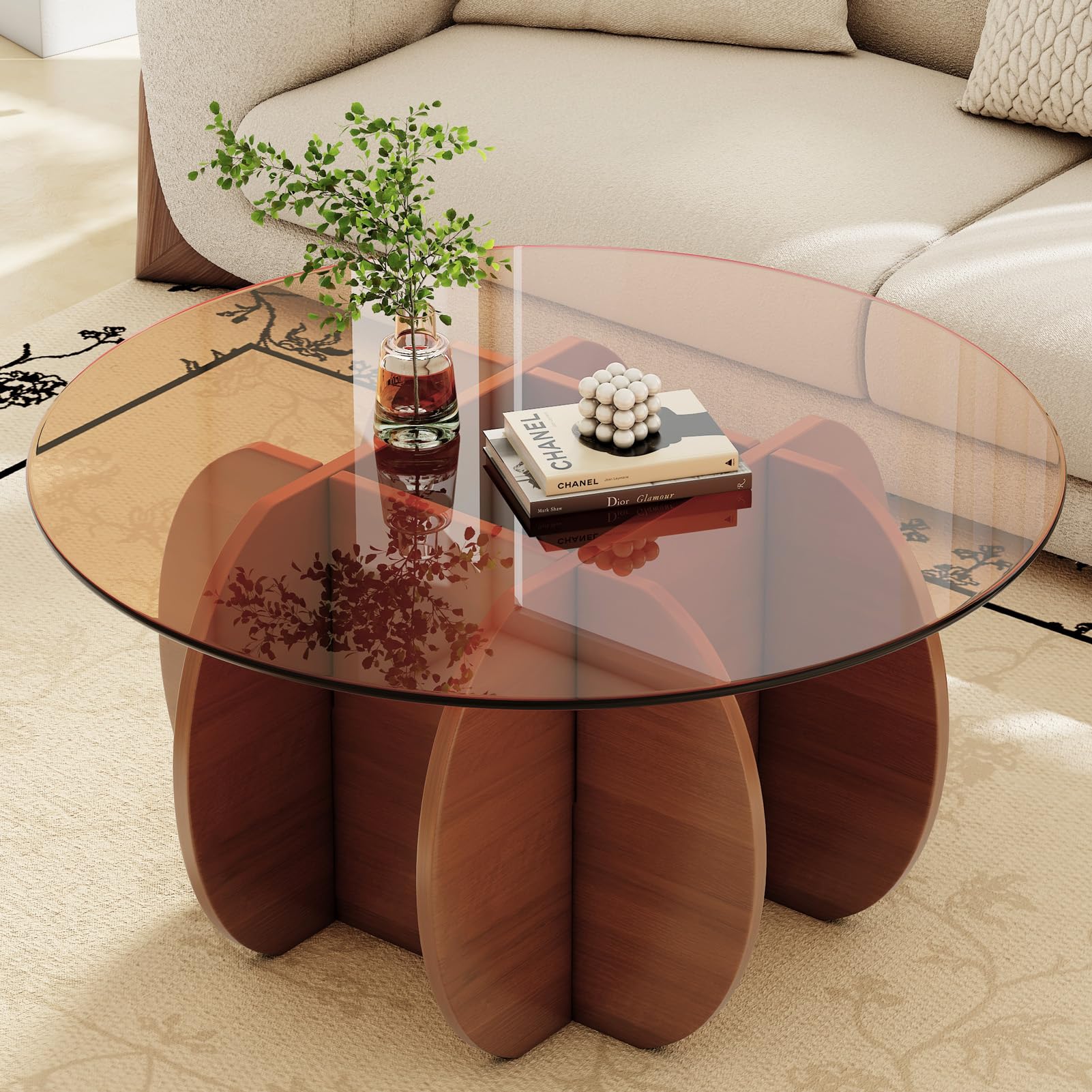 Coffee Table for Living Room Mid Century Modern Center Table with Glass Top and Wood, 32 Inch, Brown/Walnut - pokemaCoffee Table for Living Room Mid Century Modern Center Table with Glass Top and Wood, 32 Inch, Brown/Walnut