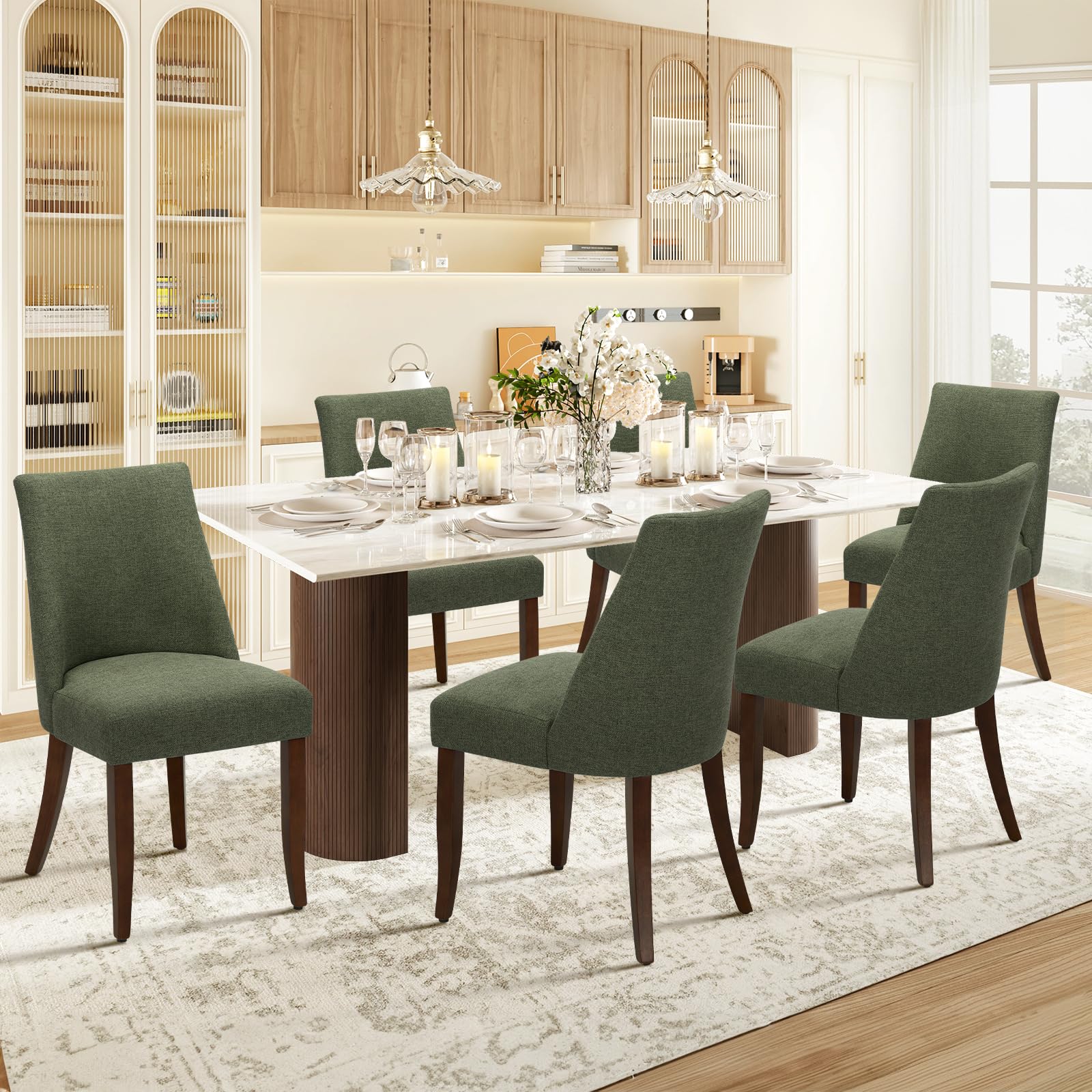 COLAMY Upholstered Dining Chairs Set of 6, Mid Century Modern Kitchen Chairs with Back, Farmhouse Fabric Side Dining Room Chairs with Wood Legs for Dining Room Restaurant, Brown - pokemaCOLAMY Upholstered Dining Chairs Set of 6, Mid Century Modern Kitchen Chairs with Back, Farmhouse Fabric Side Dining Room Chairs with Wood Legs for Dining Room Restaurant, Brown