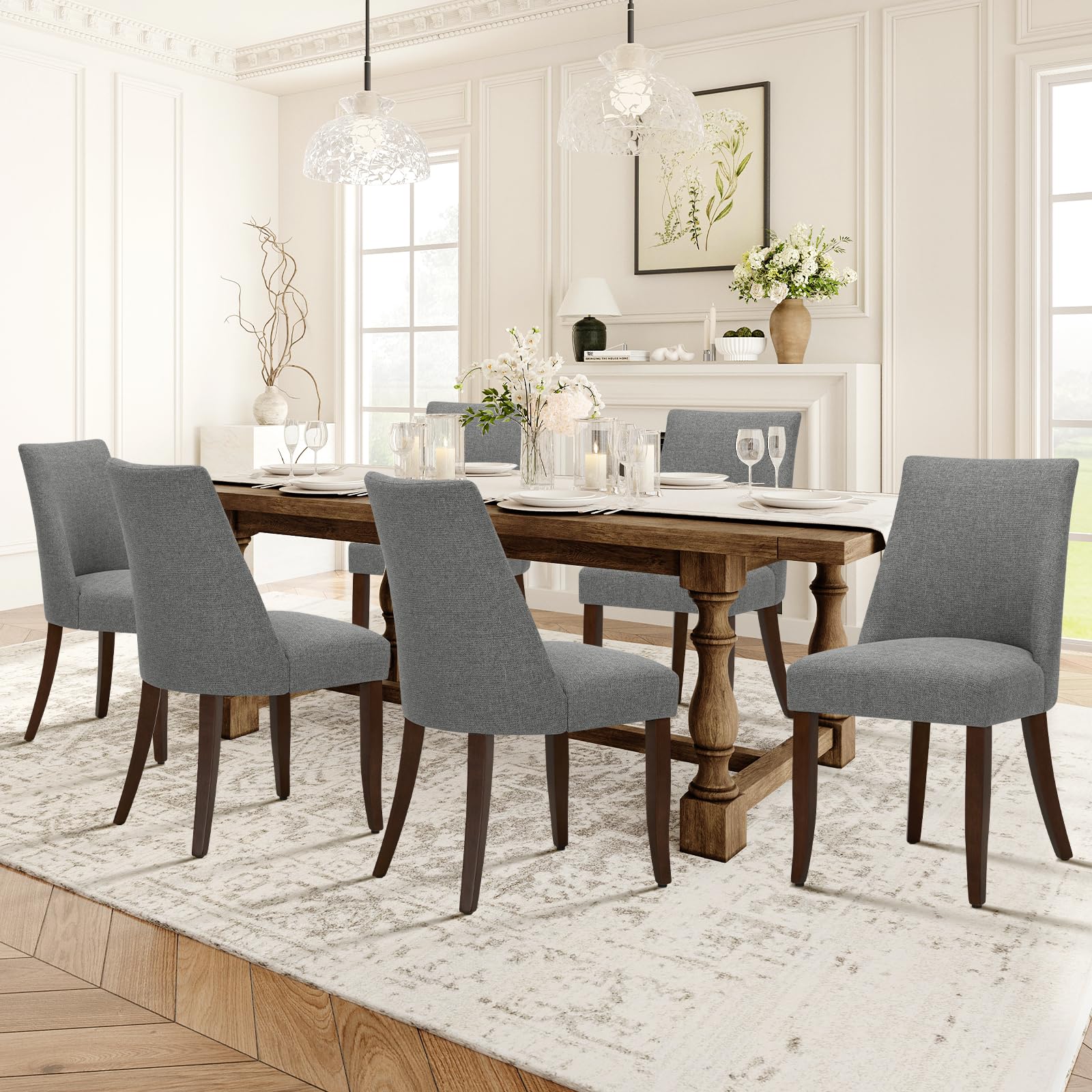 COLAMY Upholstered Dining Chairs Set of 6, Mid Century Modern Kitchen Chairs with Back, Farmhouse Fabric Side Dining Room Chairs with Wood Legs for Dining Room Restaurant, Brown - pokemaCOLAMY Upholstered Dining Chairs Set of 6, Mid Century Modern Kitchen Chairs with Back, Farmhouse Fabric Side Dining Room Chairs with Wood Legs for Dining Room Restaurant, Brown