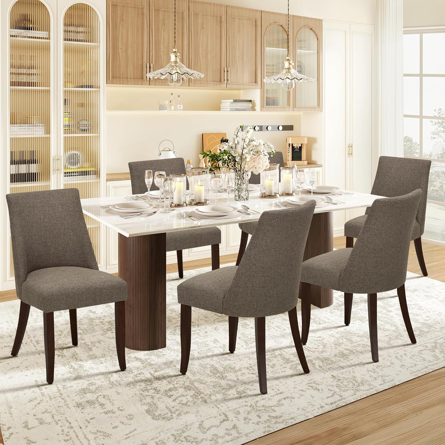 COLAMY Upholstered Dining Chairs Set of 6, Mid Century Modern Kitchen Chairs with Back, Farmhouse Fabric Side Dining Room Chairs with Wood Legs for Dining Room Restaurant, Brown - pokemaCOLAMY Upholstered Dining Chairs Set of 6, Mid Century Modern Kitchen Chairs with Back, Farmhouse Fabric Side Dining Room Chairs with Wood Legs for Dining Room Restaurant, Brown