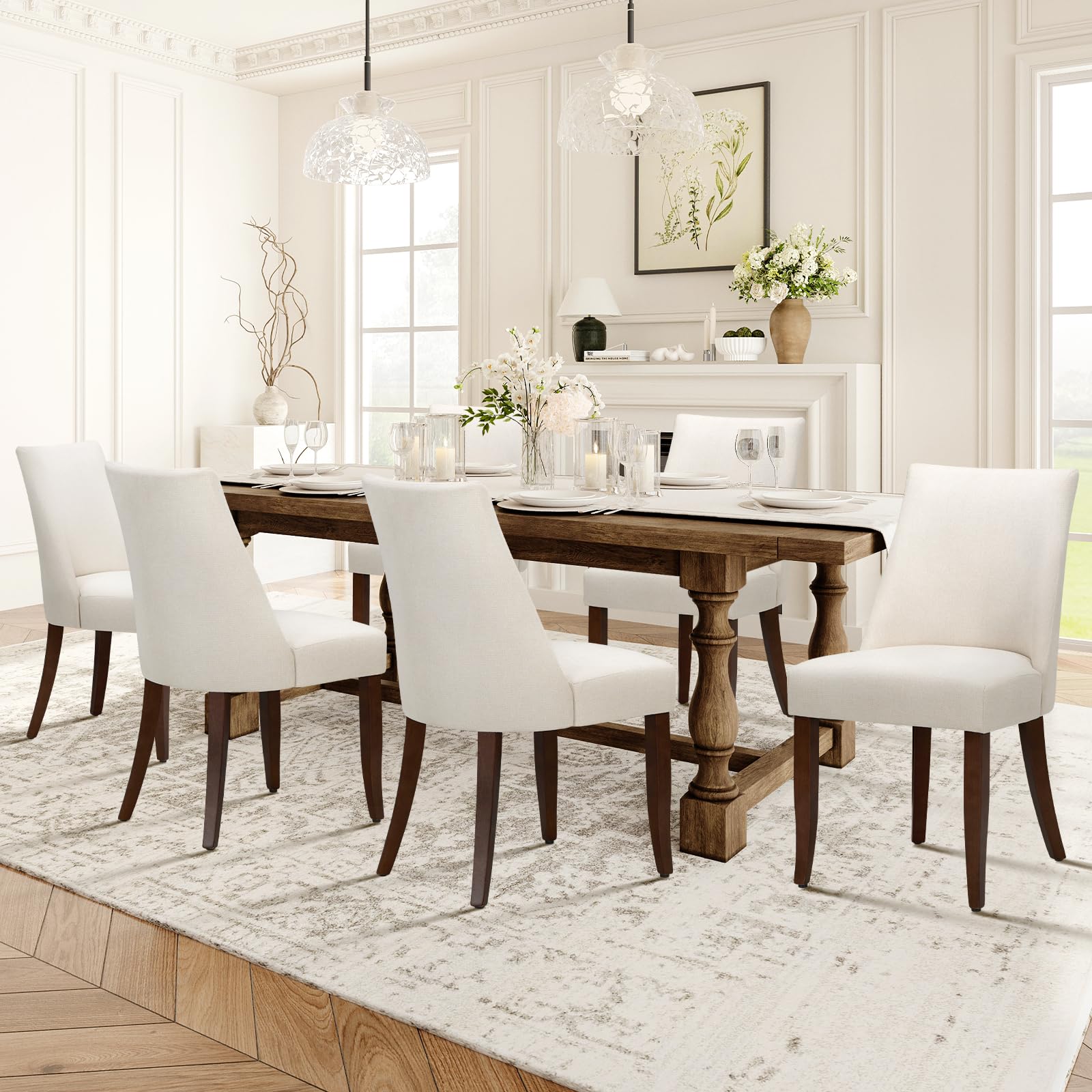 COLAMY Upholstered Dining Chairs Set of 6, Mid Century Modern Kitchen Chairs with Back, Farmhouse Fabric Side Dining Room Chairs with Wood Legs for Dining Room Restaurant, Brown - pokemaCOLAMY Upholstered Dining Chairs Set of 6, Mid Century Modern Kitchen Chairs with Back, Farmhouse Fabric Side Dining Room Chairs with Wood Legs for Dining Room Restaurant, Brown