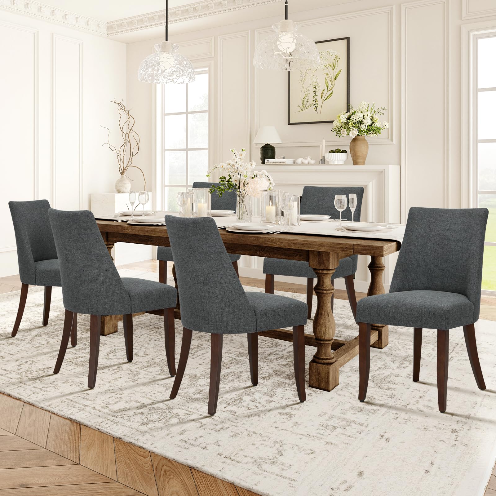 COLAMY Upholstered Dining Chairs Set of 6, Mid Century Modern Kitchen Chairs with Back, Farmhouse Fabric Side Dining Room Chairs with Wood Legs for Dining Room Restaurant, Brown - pokemaCOLAMY Upholstered Dining Chairs Set of 6, Mid Century Modern Kitchen Chairs with Back, Farmhouse Fabric Side Dining Room Chairs with Wood Legs for Dining Room Restaurant, Brown