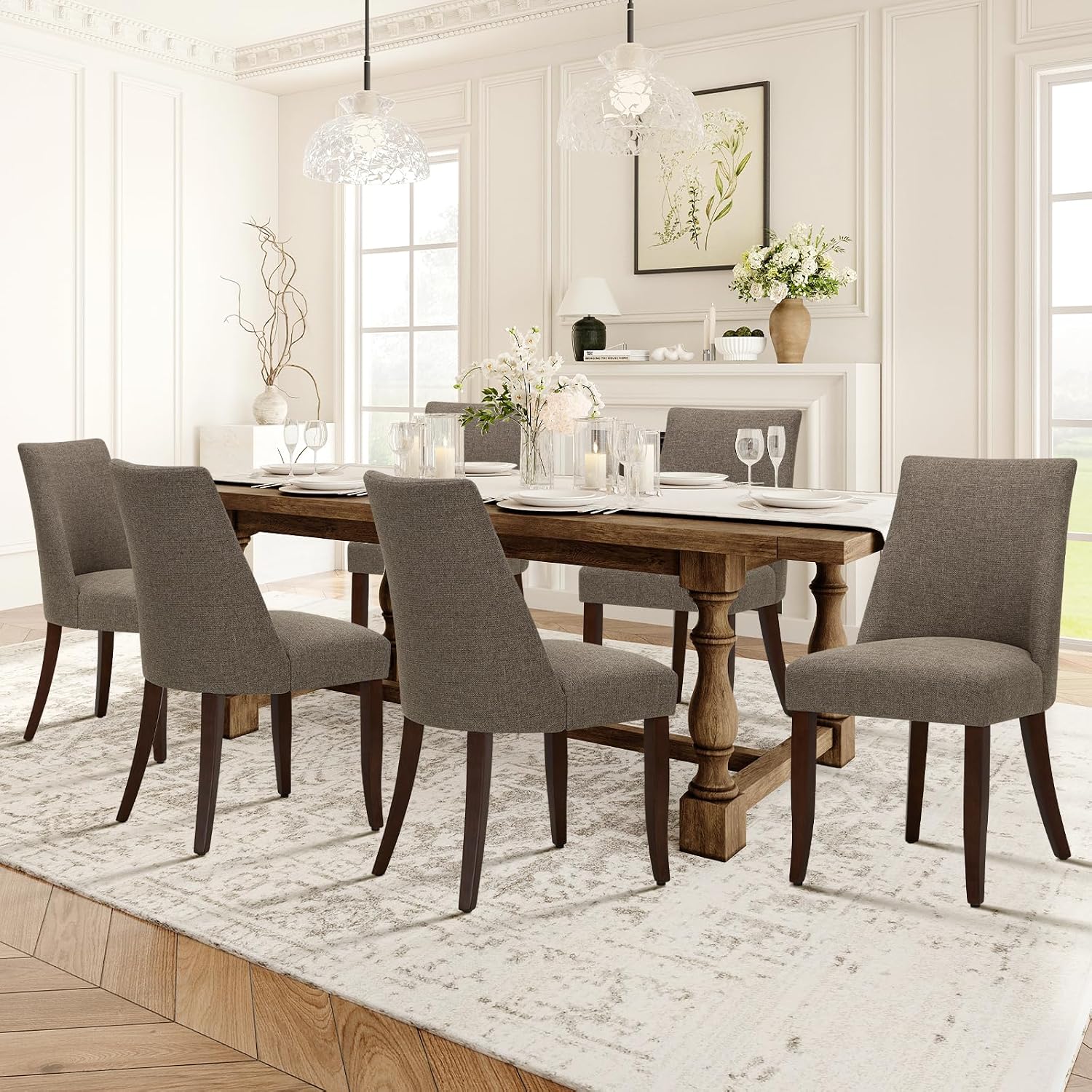 COLAMY Upholstered Dining Chairs Set of 6, Mid Century Modern Kitchen Chairs with Back, Farmhouse Fabric Side Dining Room Chairs with Wood Legs for Dining Room Restaurant, Brown - pokemaCOLAMY Upholstered Dining Chairs Set of 6, Mid Century Modern Kitchen Chairs with Back, Farmhouse Fabric Side Dining Room Chairs with Wood Legs for Dining Room Restaurant, Brown