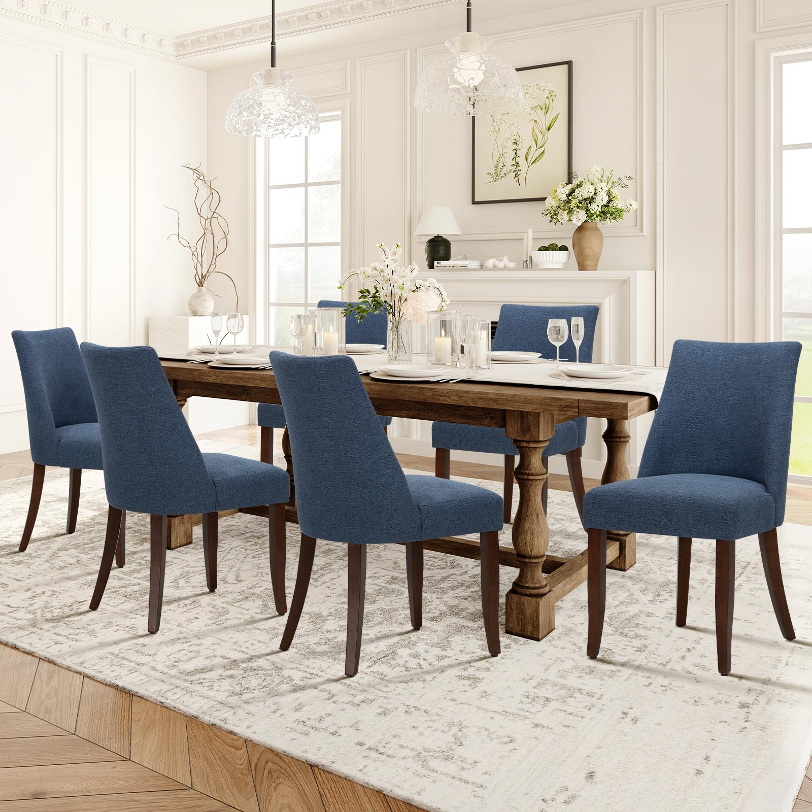 COLAMY Upholstered Dining Chairs Set of 6, Mid Century Modern Kitchen Chairs with Back, Farmhouse Fabric Side Dining Room Chairs with Wood Legs for Dining Room Restaurant, Brown - pokemaCOLAMY Upholstered Dining Chairs Set of 6, Mid Century Modern Kitchen Chairs with Back, Farmhouse Fabric Side Dining Room Chairs with Wood Legs for Dining Room Restaurant, Brown