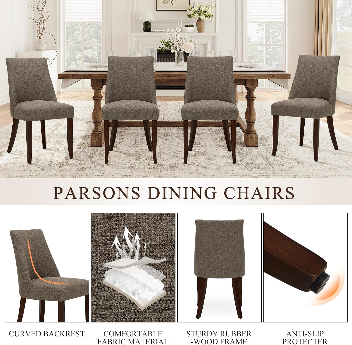 COLAMY Upholstered Dining Chairs Set of 6, Mid Century Modern Kitchen Chairs with Back, Farmhouse Fabric Side Dining Room Chairs with Wood Legs for Dining Room Restaurant, Brown - pokemaCOLAMY Upholstered Dining Chairs Set of 6, Mid Century Modern Kitchen Chairs with Back, Farmhouse Fabric Side Dining Room Chairs with Wood Legs for Dining Room Restaurant, Brown