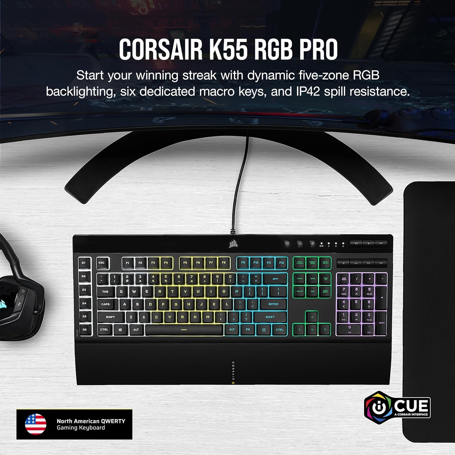 CORSAIR K55 RGB PRO Membrane Wired Gaming Keyboard – QWERTY US Layout, IP42 Dust and Spill-Resistant – 6 Macro Keys with Elgato Integration – iCUE Compatible – PC, Mac, Xbox – Black - pokemaCORSAIR K55 RGB PRO Membrane Wired Gaming Keyboard – QWERTY US Layout, IP42 Dust and Spill-Resistant – 6 Macro Keys with Elgato Integration – iCUE Compatible – PC, Mac, Xbox – Black