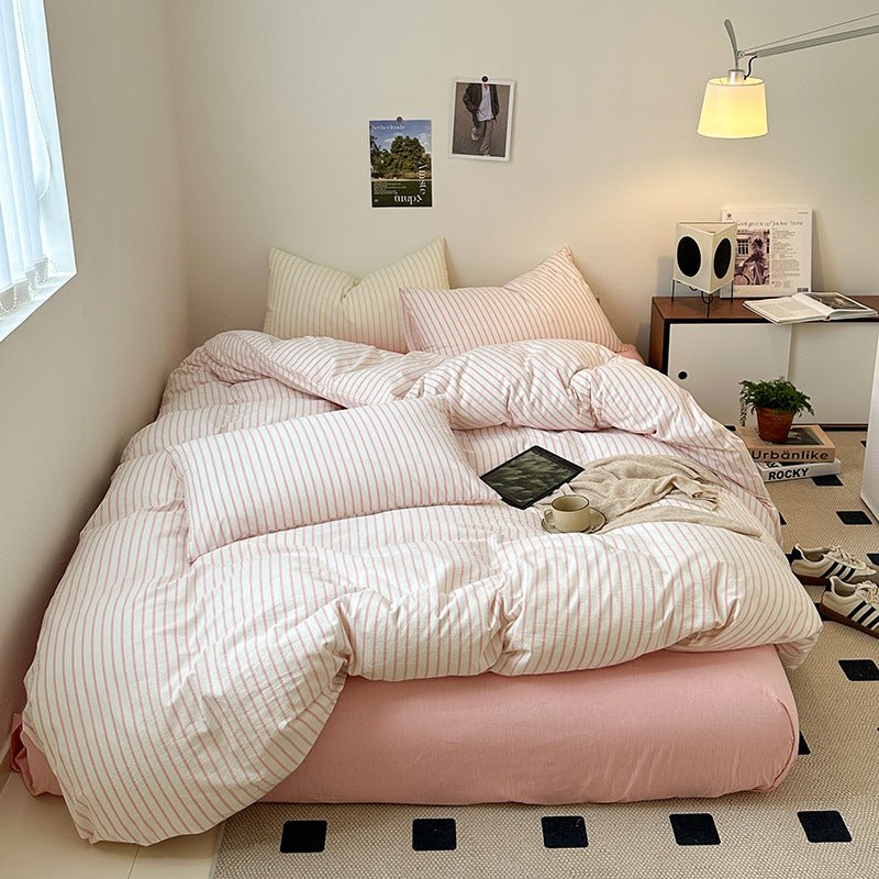 Cotton Yarn-dyed Washed Cotton Four-piece Set Full-cotton Fitted Sheet Non-printed Minimalist Bed Sheet Duvet Cover - pokema5152101bc06f25f356ab24b5d1d6e196