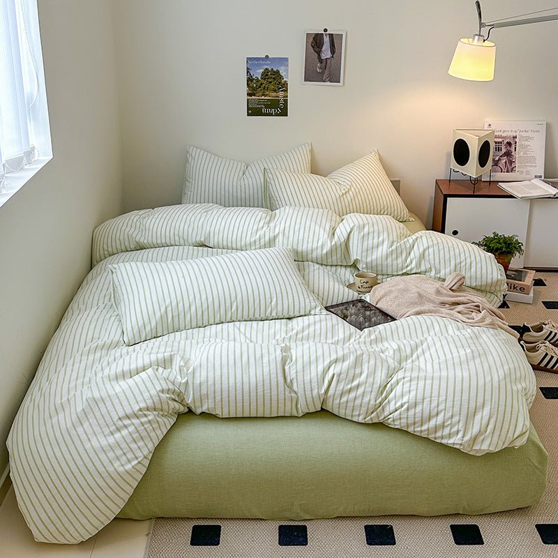Cotton Yarn-dyed Washed Cotton Four-piece Set Full-cotton Fitted Sheet Non-printed Minimalist Bed Sheet Duvet Cover - pokema8517b0ddcdce271322ab3e6660a3ff94