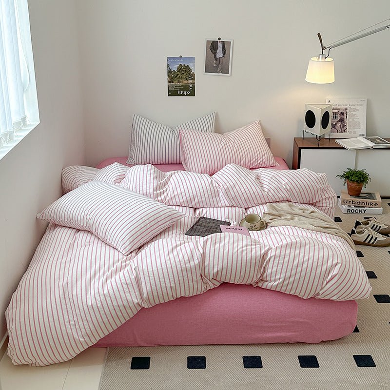 Cotton Yarn-dyed Washed Cotton Four-piece Set Full-cotton Fitted Sheet Non-printed Minimalist Bed Sheet Duvet Cover - pokema5c5b91734409c21f24f0ec28eead3d3e