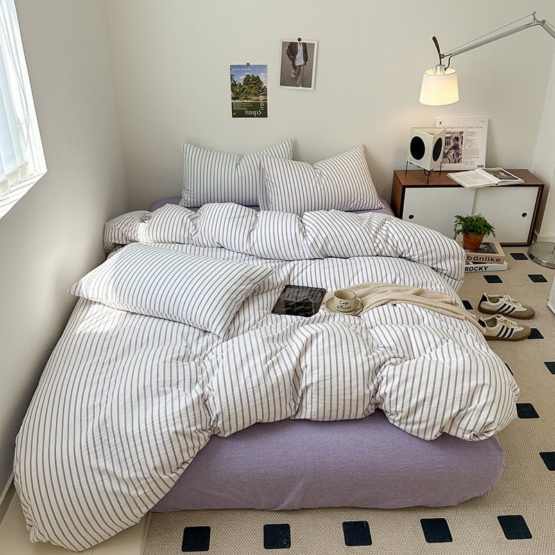 Cotton Yarn-dyed Washed Cotton Four-piece Set Full-cotton Fitted Sheet Non-printed Minimalist Bed Sheet Duvet Cover - pokema7323e84f04b4c6008b65da14e9e5f068