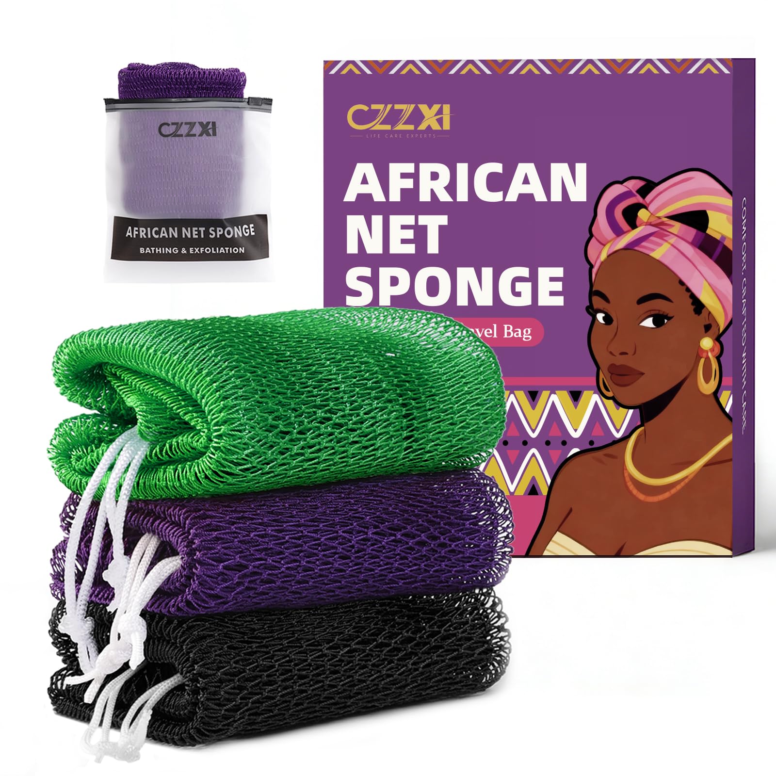 CZZXI 3-Pack African Net Sponge, Back Exfoliating Body Scrubber | Authentic African Net Sponge – Gentle Cleansing & Exfoliation for Back, Body, Men & Women. - pokemaCZZXI 3-Pack African Net Sponge, Back Exfoliating Body Scrubber | Authentic African Net Sponge – Gentle Cleansing & Exfoliation for Back, Body, Men & Women.
