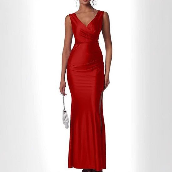Elegant Solid-color Satin Dress With A Slit - pokema519b00df445697f032cd7d1b1ae8f9d1