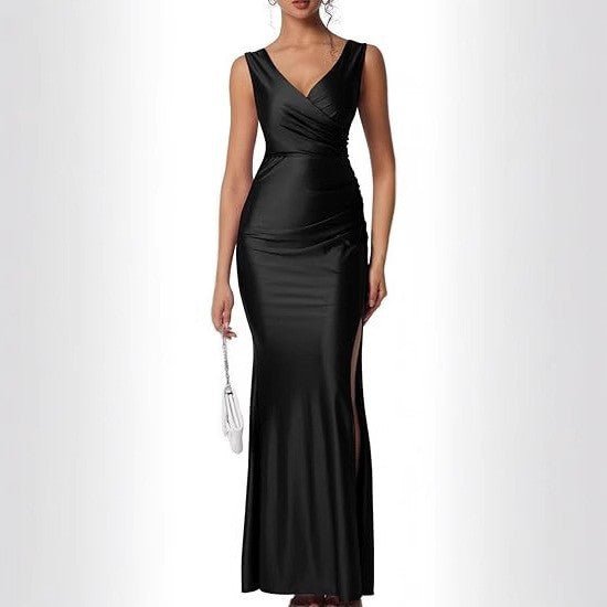 Elegant Solid-color Satin Dress With A Slit - pokema1d9d739f9403a18786d0bf947be272b8