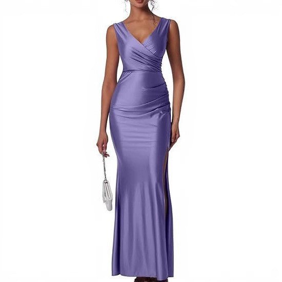 Elegant Solid-color Satin Dress With A Slit - pokemaf9e4df413f82fe5b2d646b6ee9ce9ad