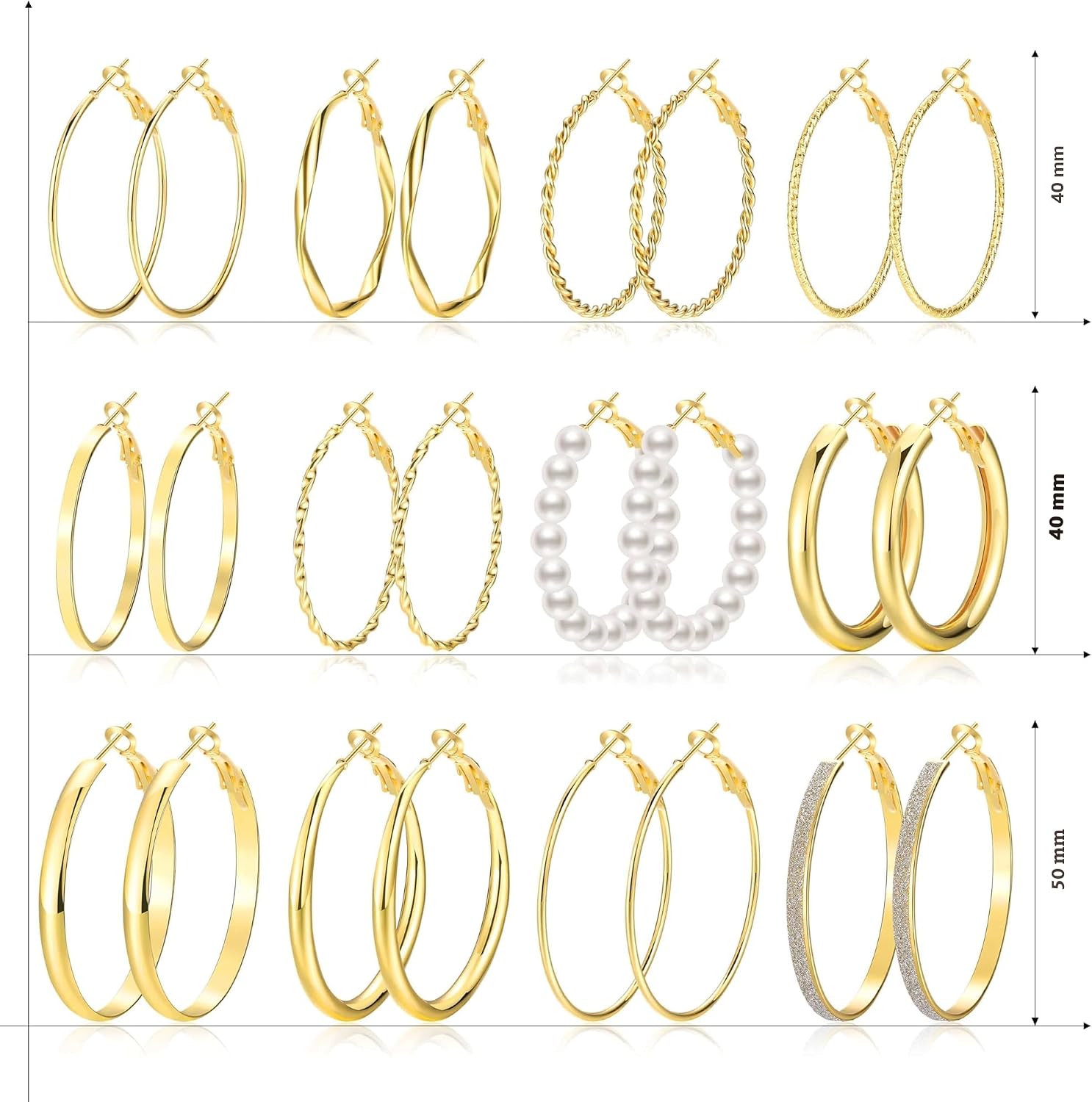 Ensemble de boucles d'oreilles créoles en or pour femme, 12 paires - Hypoallergénique - Grandes/épaisses et fines - Boucles d'oreilles en or en forme de boucle pour bijoux - Cadeau - 40 mm/50 mm - pokemaEnsemble de boucles d'oreilles créoles en or pour femme, 12 paires - Hypoallergénique - Grandes/épaisses et fines - Boucles d'oreilles en or en forme de boucle pour bijoux - Cadeau - 40 mm/50 mm