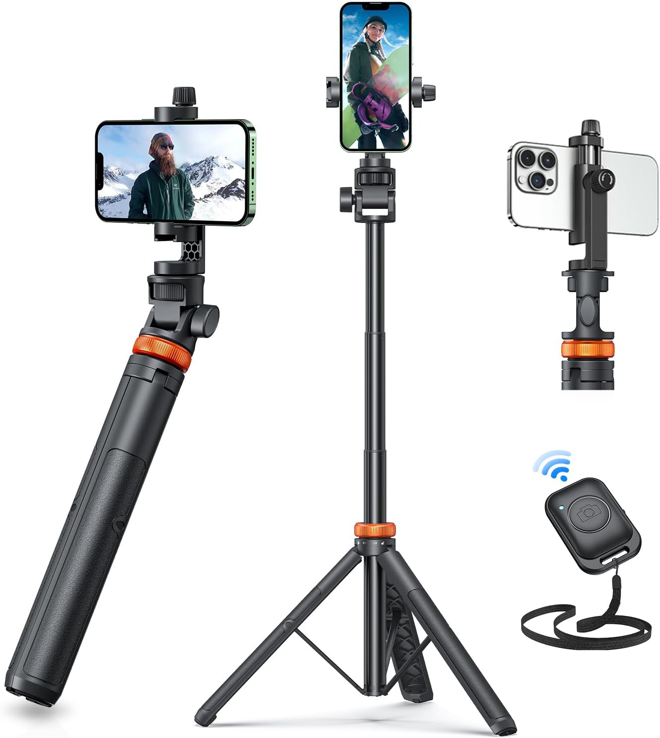 EUCOS 62" Phone Tripod, Tripod for iPhone & Selfie Stick with Remote, Extendable Cell Phone Stand & Travel Tripod, Solidest Tripod for Phone Compatible with iPhone/Android - pokemaEUCOS 62" Phone Tripod, Tripod for iPhone & Selfie Stick with Remote, Extendable Cell Phone Stand & Travel Tripod, Solidest Tripod for Phone Compatible with iPhone/Android
