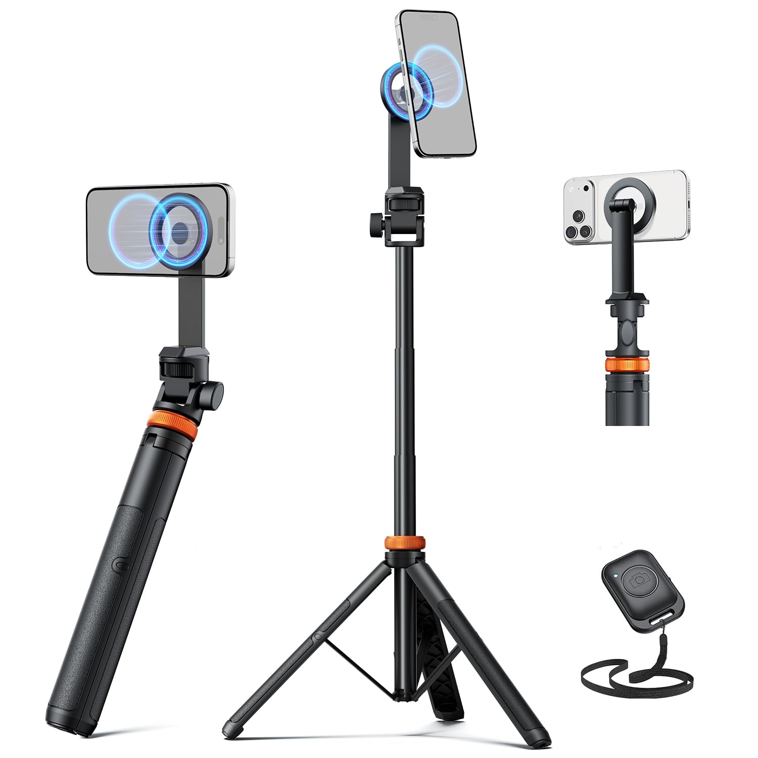 EUCOS 62" Phone Tripod, Tripod for iPhone & Selfie Stick with Remote, Extendable Cell Phone Stand & Travel Tripod, Solidest Tripod for Phone Compatible with iPhone/Android - pokemaEUCOS 62" Phone Tripod, Tripod for iPhone & Selfie Stick with Remote, Extendable Cell Phone Stand & Travel Tripod, Solidest Tripod for Phone Compatible with iPhone/Android