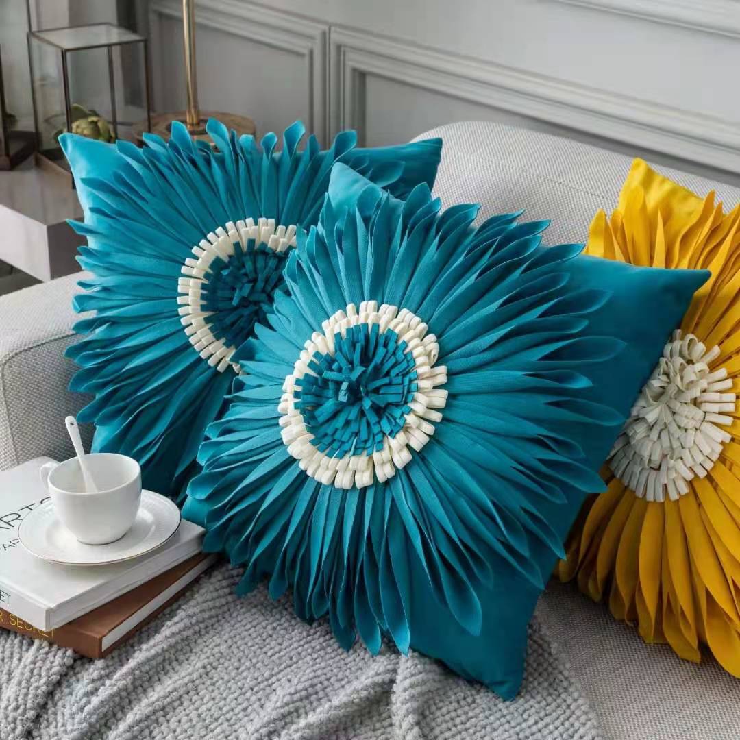Fashion Modern Style White Throw Pillows Velvet Stitching 3D Chrysanthemum Cushion Waist Pillow Blue Cushion Case - pokema6aeb9e4ac584dfeea83ac9155c6567b0