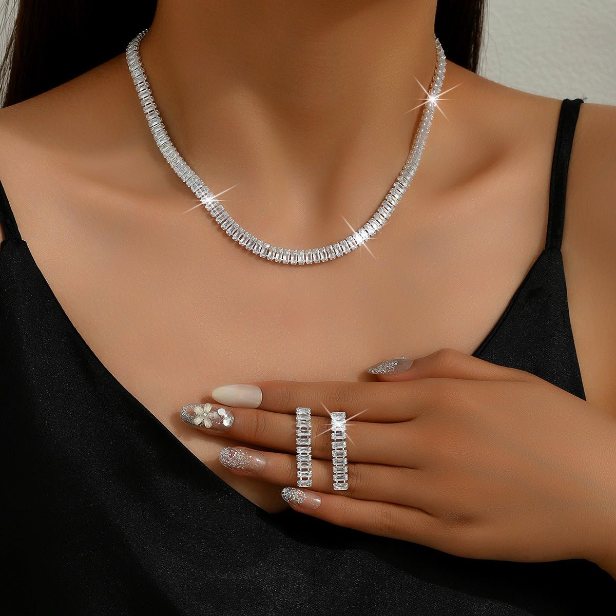 Fashionable Super Shiny Crystal Zircon Geometric Earrings, Necklace, Bracelet Three-Piece Set, High-End Silver-Plated Party Jewelry For Women - pokema21a6e582f359389a268c3b0e53603556