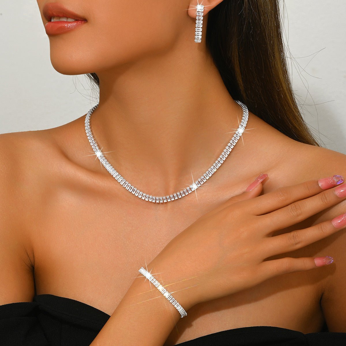Fashionable Super Shiny Crystal Zircon Geometric Earrings, Necklace, Bracelet Three-Piece Set, High-End Silver-Plated Party Jewelry For Women - pokema3ac584f06253b9b289c757233308ac4b