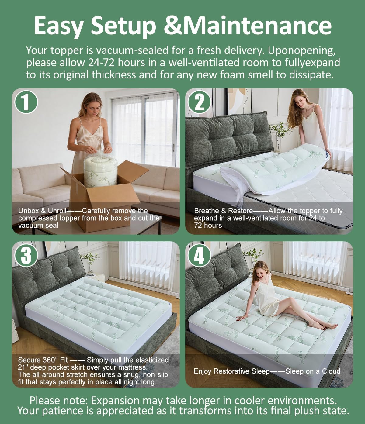 Fracho Ultra Soft Mattress Topper Queen Size - Cooling Mattress Topper with Rayon Made from Bamboo Cover - 1000GSM Plush Pillow Top Bed Pad, Naturally Breathable & Supportive for Hot Sleepers, Green - pokemaFracho Ultra Soft Mattress Topper Queen Size - Cooling Mattress Topper with Rayon Made from Bamboo Cover - 1000GSM Plush Pillow Top Bed Pad, Naturally Breathable & Supportive for Hot Sleepers, Green