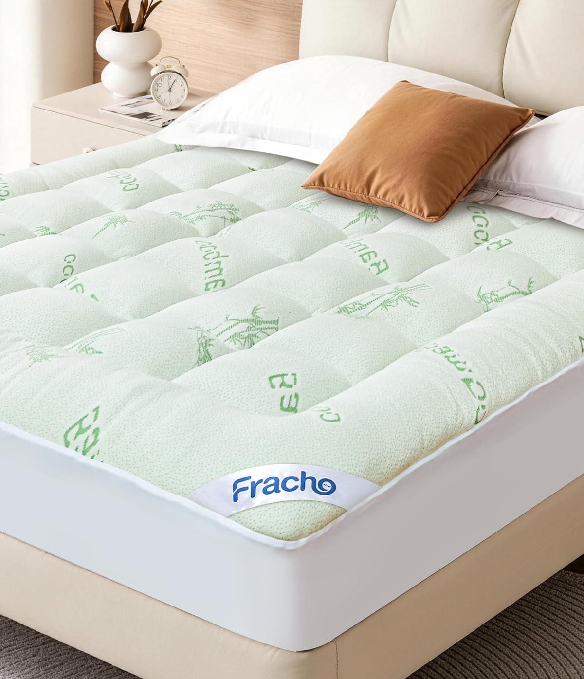Fracho Ultra Soft Mattress Topper Queen Size - Cooling Mattress Topper with Rayon Made from Bamboo Cover - 1000GSM Plush Pillow Top Bed Pad, Naturally Breathable & Supportive for Hot Sleepers, Green - pokemaFracho Ultra Soft Mattress Topper Queen Size - Cooling Mattress Topper with Rayon Made from Bamboo Cover - 1000GSM Plush Pillow Top Bed Pad, Naturally Breathable & Supportive for Hot Sleepers, Green